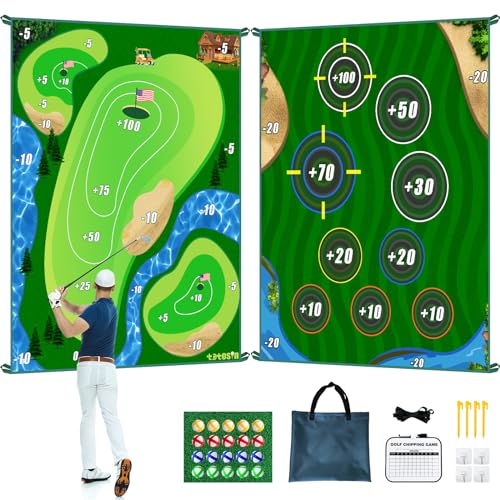 TOTOSIN Golf Chipping Game Mat, Double Sided Golf Hitting Mat,6x5 FT Golf Practice Mat Outdoor Indoor Golf Games for Adults,Score Sticky Playing Golf Balls for Home Backyard Garage Game(No Club)