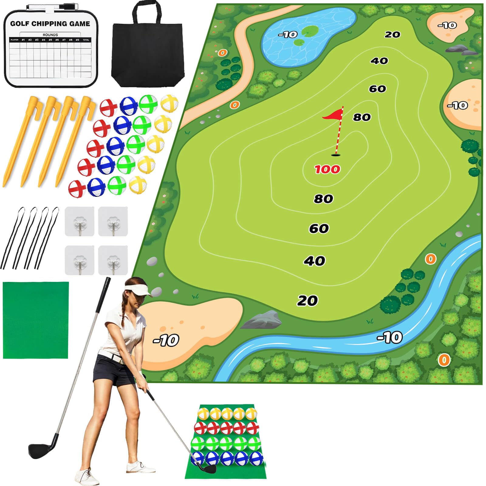 Golf Chipping Game Mat: Chip Games Sticky Practice Golf Game Set for Adults Kids Indoor Outdoor Backyard Garden Party Practice Golf Balls Putting Pitching Hitting Casual Mat (Golf Game Mat Style 1)