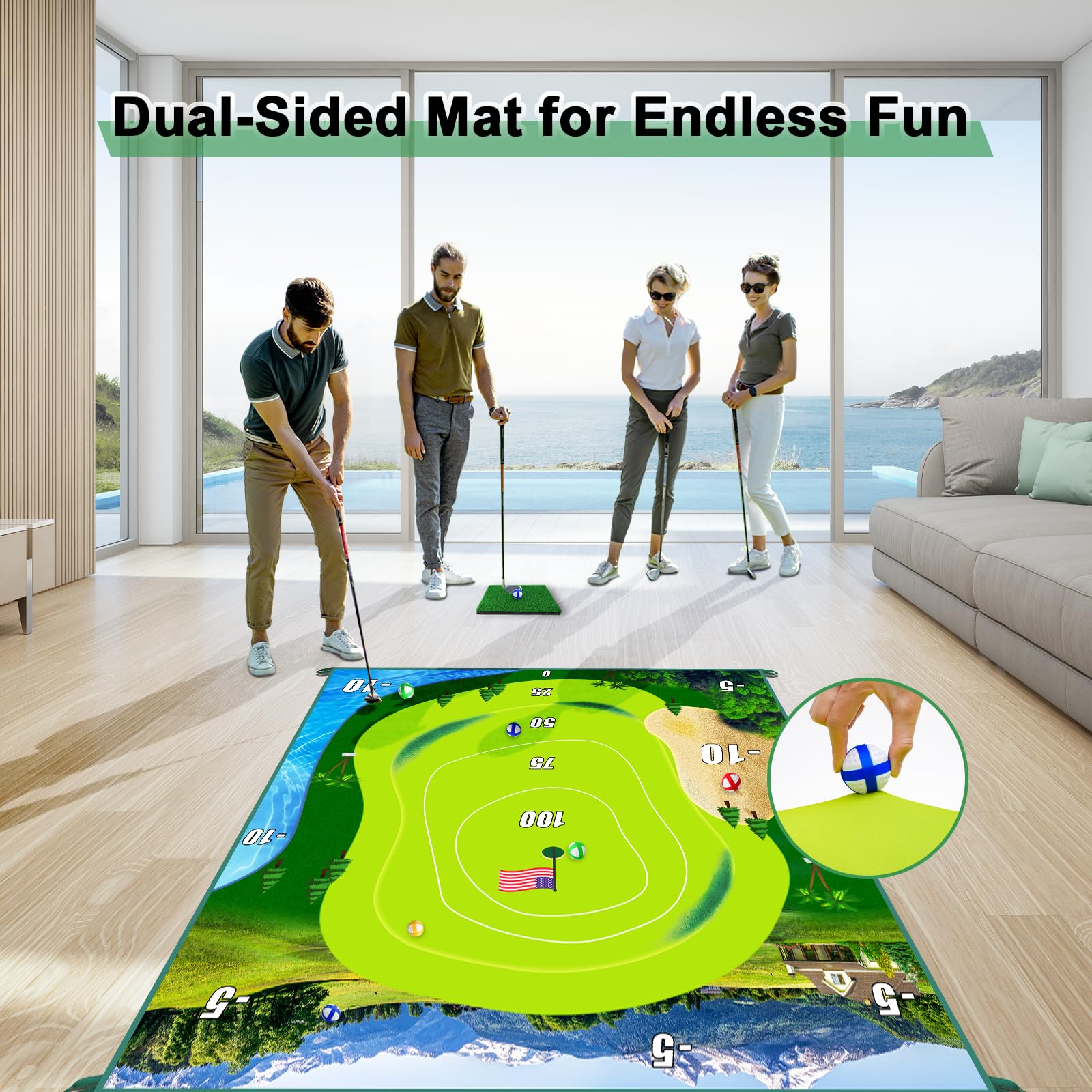 Golf Chipping Game Indoor Practice: 70"x70" 2-in-1 Golf Practice Mat and Dart Board Mat Combo with Golf Hitting Mat - Golf Training Mat Kit with 20 Sticky Ball - Golf Accessories for Family game