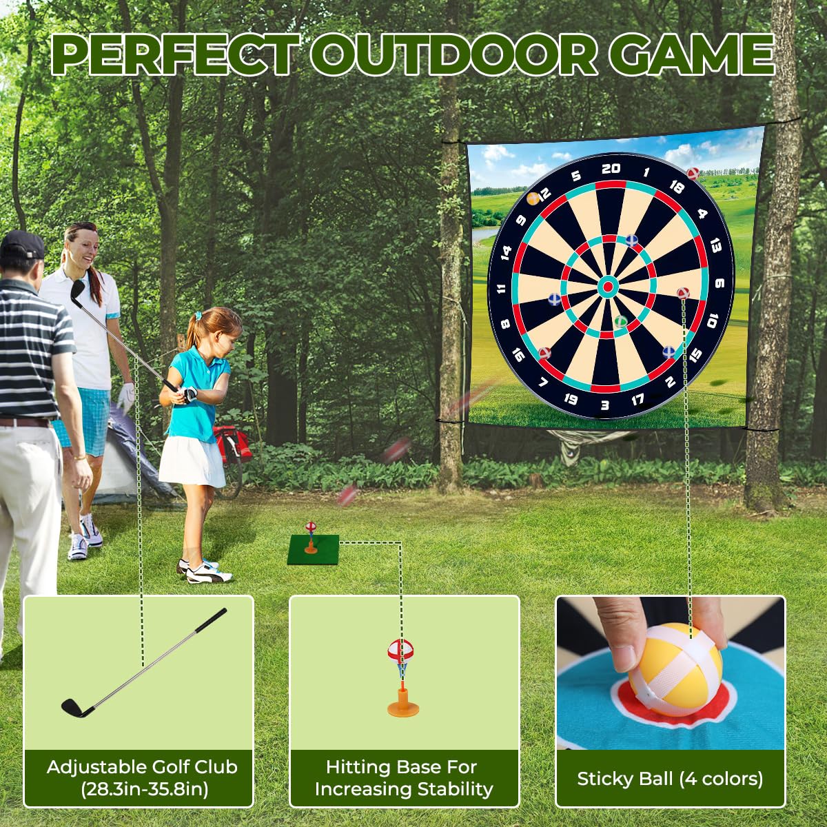 FINCOME Golf Chipping Game Mat Set,Dart Practice Hitting Mats Golf Game for Adults Indoor Outdoor,Backyard Play Equipment Stick Chip Game Golf Set with Sticky Balls and Darts