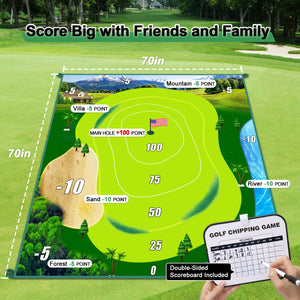 Golf Chipping Game Indoor Practice: 70"x70" 2-in-1 Golf Practice Mat and Dart Board Mat Combo with Golf Hitting Mat - Golf Training Mat Kit with 20 Sticky Ball - Golf Accessories for Family game