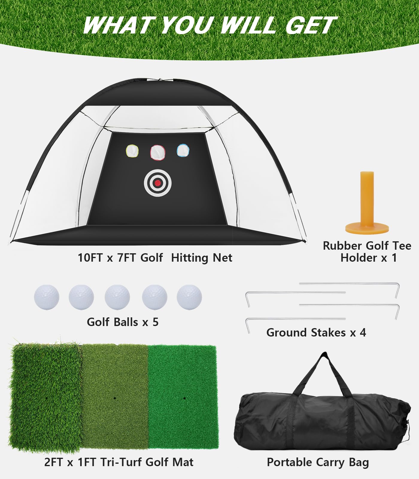 Golf Net, 10x7ft Golf Practice Net with Tri-Turf Golf Mat, All in 1 Home Golf Hitting Aid Nets for Backyard Driving Chipping Swing Training with Target/Mat/Balls/Tee/Bag - Gift for Men/Golf Lovers